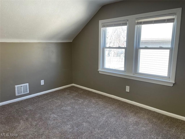 bonus room with visible vents, baseboards, lofted ceiling, carpet floors, and a textured ceiling