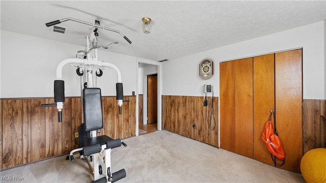 exercise room featuring wainscoting, a textured ceiling, carpet, and wood walls