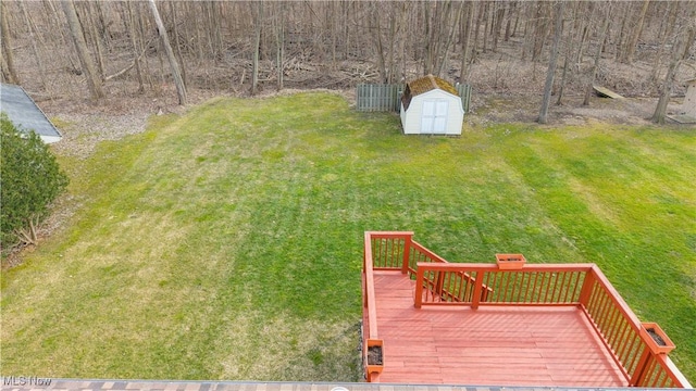 view of yard featuring an outdoor structure, a storage unit, and a wooden deck