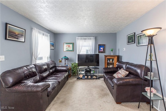 living room with a textured ceiling and carpet floors