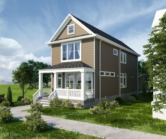 view of front of house featuring a porch, a front yard, and a shingled roof