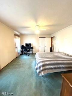 carpeted bedroom featuring crown molding