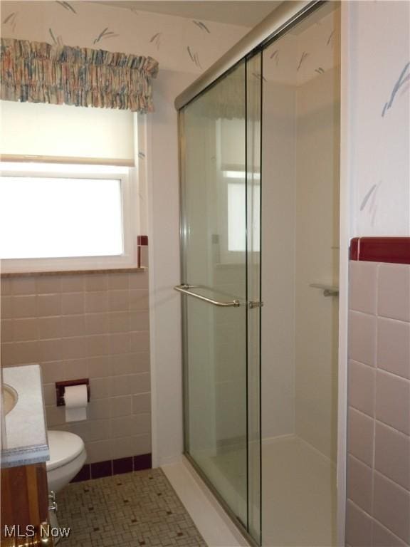 bathroom with vanity, a shower stall, and toilet