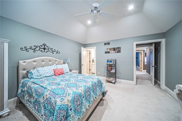 bedroom featuring visible vents, lofted ceiling, a ceiling fan, carpet floors, and baseboards