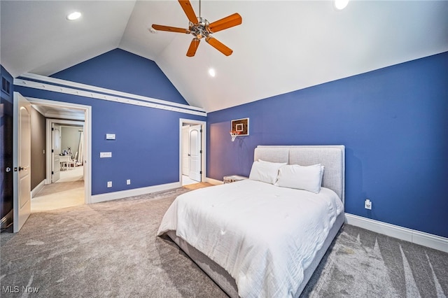 carpeted bedroom with recessed lighting, a ceiling fan, baseboards, and vaulted ceiling