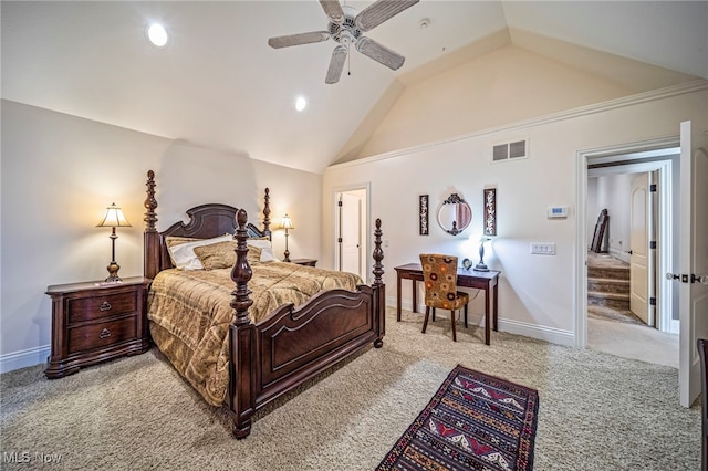 bedroom featuring recessed lighting, visible vents, baseboards, and light colored carpet