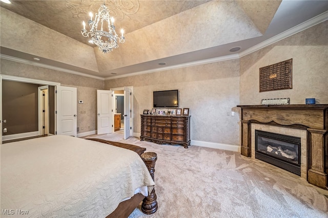 bedroom with a chandelier, carpet flooring, crown molding, and vaulted ceiling