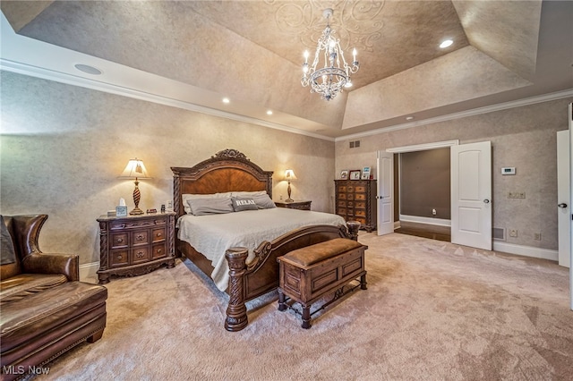 carpeted bedroom with baseboards, recessed lighting, ornamental molding, a raised ceiling, and a chandelier