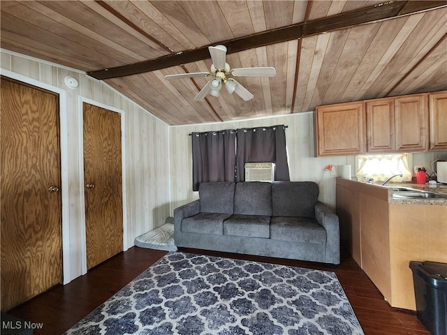 17875 Lashley Rd, Senecaville, OH 43780 - living room with wood walls, lofted ceiling, wooden ceiling, a ceiling fan, and dark wood-style flooring