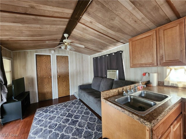 17875 Lashley Rd, Senecaville, OH 43780 - kitchen featuring vaulted ceiling with beams, dark wood-style flooring, ceiling fan, a sink, and wooden ceiling