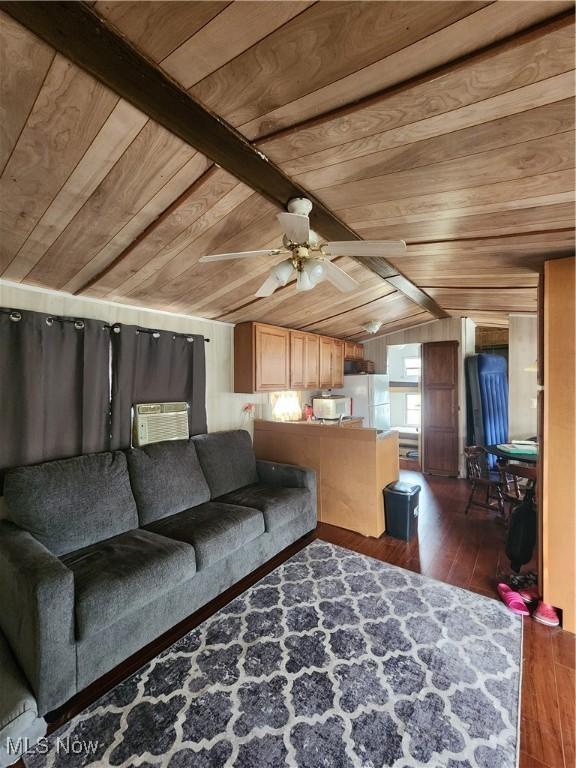 17875 Lashley Rd, Senecaville, OH 43780 - living area featuring wooden ceiling, vaulted ceiling with beams, a ceiling fan, and wood-type flooring