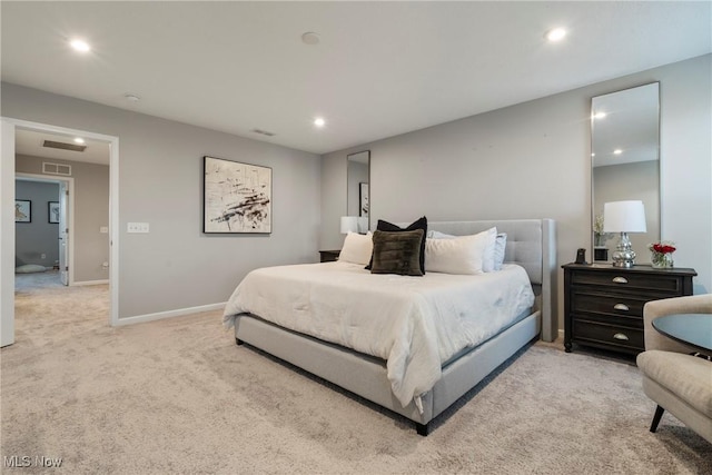 carpeted bedroom featuring visible vents, recessed lighting, and baseboards