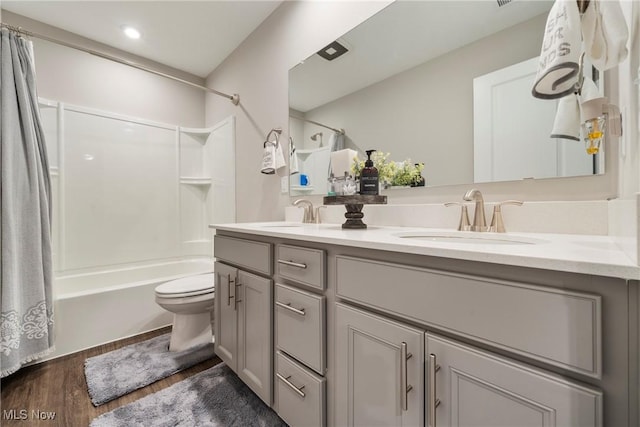 full bathroom featuring double vanity, toilet, wood finished floors, and a sink