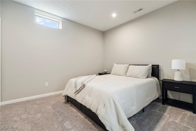 bedroom with visible vents, recessed lighting, baseboards, and carpet floors