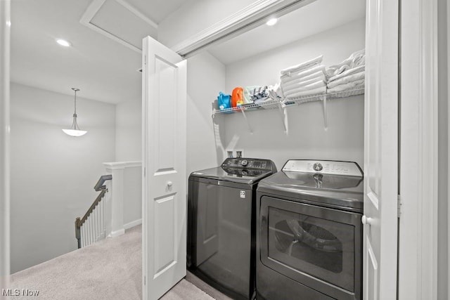 washroom with carpet, attic access, laundry area, recessed lighting, and separate washer and dryer