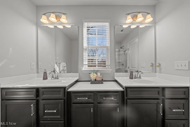 full bathroom with a sink, a shower, and two vanities