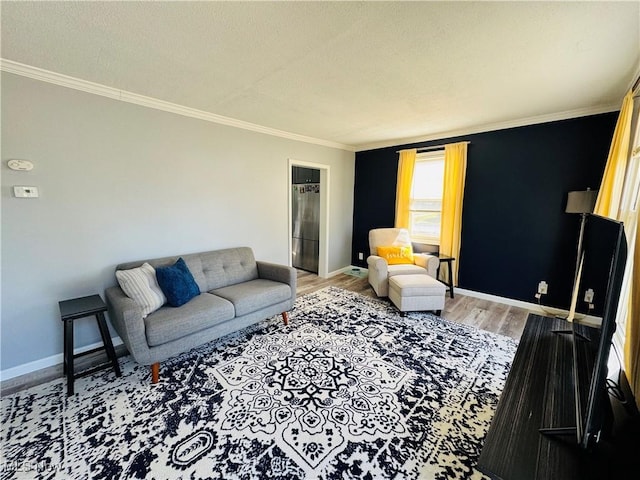 living area featuring light wood-type flooring, baseboards, and ornamental molding