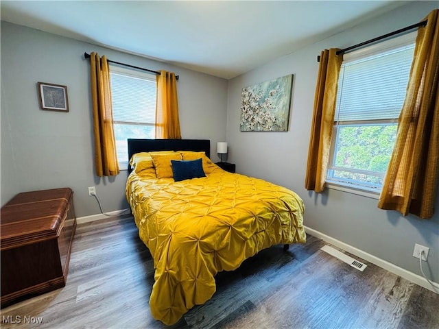 bedroom featuring multiple windows, baseboards, and wood finished floors