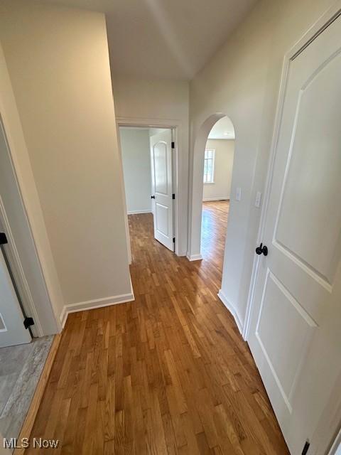 1119 Abbey Pl, Zanesville, OH 43701 - hall featuring baseboards, arched walkways, and wood finished floors