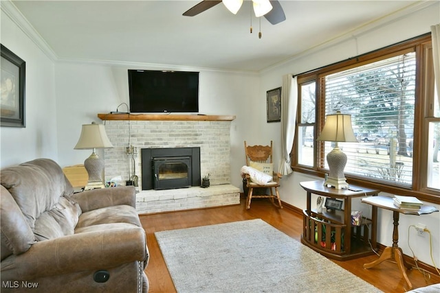 living room featuring a ceiling fan, wood finished floors, a fireplace, crown molding, and baseboards