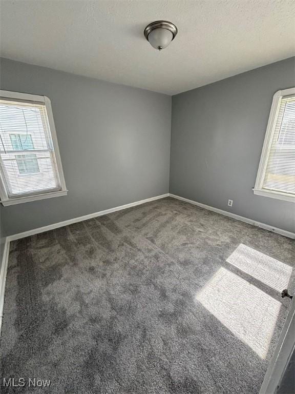 unfurnished room with carpet, baseboards, a wealth of natural light, and a textured ceiling