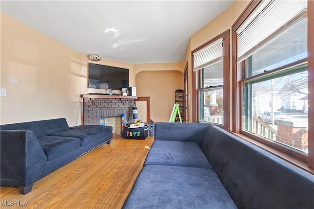 living room with a fireplace