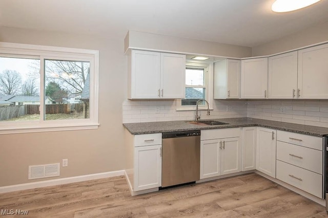 kitchen with light wood finished floors, visible vents, decorative backsplash, stainless steel dishwasher, and a sink