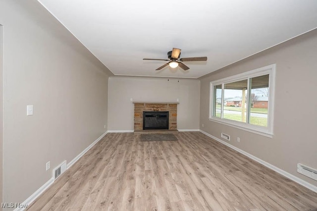 unfurnished living room featuring light wood-style flooring, baseboards, visible vents, and ceiling fan