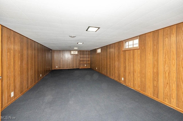 below grade area with wood walls and dark carpet