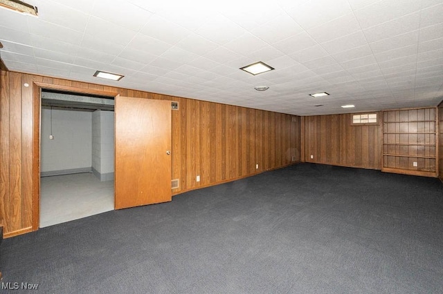 below grade area with wood walls and dark carpet