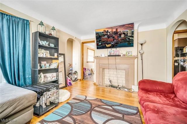 living room featuring a fireplace with flush hearth, wood finished floors, and arched walkways