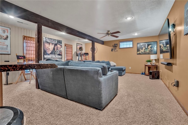 1580 Salway Ave SW, North Canton, OH 44709 - living room featuring a ceiling fan, a textured ceiling, recessed lighting, carpet, and baseboards
