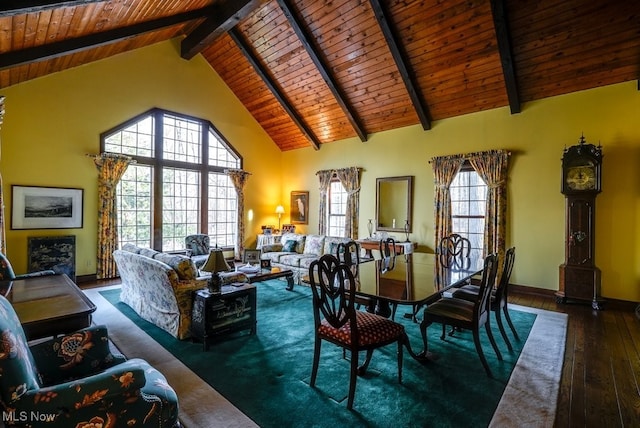 dining area with beamed ceiling, a healthy amount of sunlight, high vaulted ceiling, and hardwood / wood-style flooring