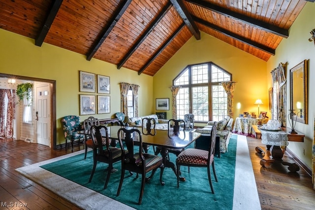 dining space featuring wood ceiling, beamed ceiling, high vaulted ceiling, and wood-type flooring