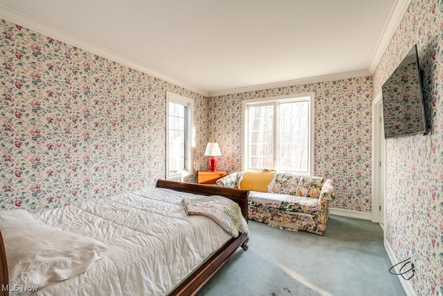 carpeted bedroom featuring wallpapered walls, crown molding, and baseboards