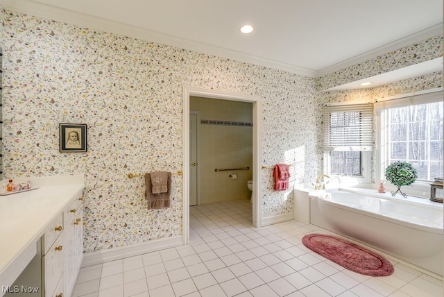 full bath featuring toilet, ornamental molding, tile patterned flooring, and wallpapered walls