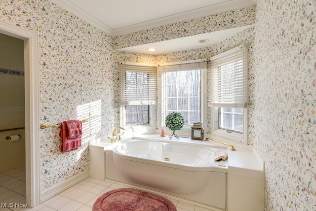 full bathroom with wallpapered walls, crown molding, baseboards, a whirlpool tub, and tile patterned floors