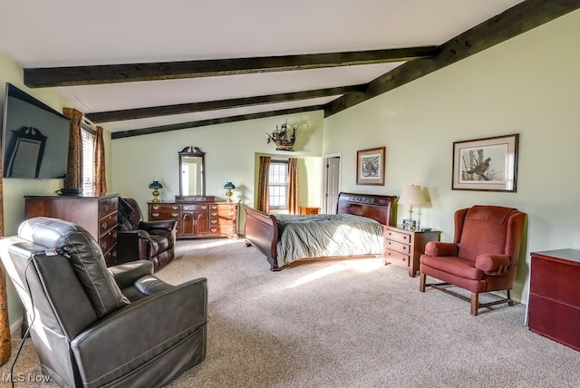 carpeted bedroom with lofted ceiling with beams