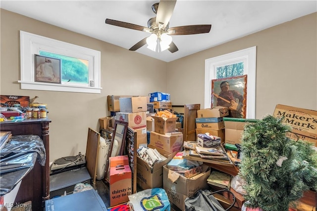 storage room with a ceiling fan