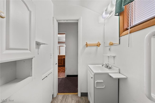 bathroom with vanity and wood finished floors