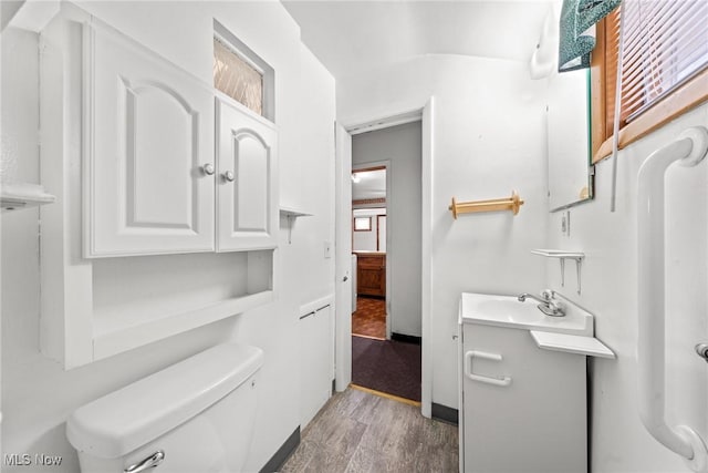 bathroom featuring vanity, toilet, and wood finished floors