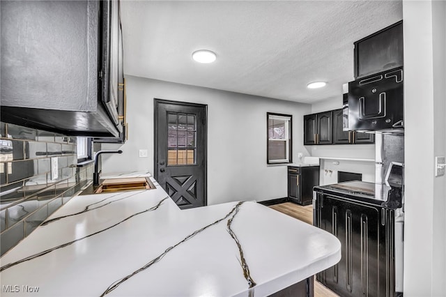 kitchen featuring light wood-type flooring, a sink, a textured ceiling, light countertops, and range