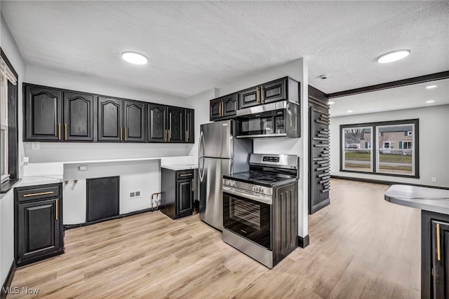 kitchen featuring dark cabinetry, light wood finished floors, appliances with stainless steel finishes, and a textured ceiling