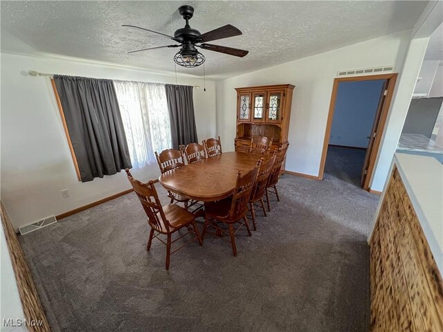 50055 Carroll Rd, East Liverpool, OH 43920 - unfurnished dining area featuring visible vents, a textured ceiling, a ceiling fan, and carpet