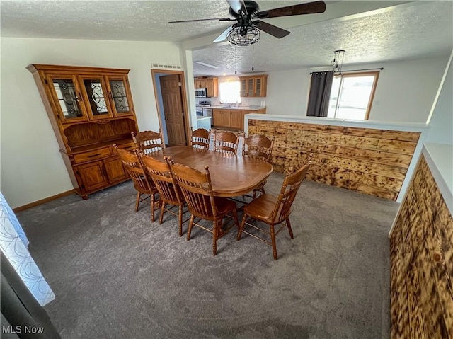 50055 Carroll Rd, East Liverpool, OH 43920 - dining room with dark colored carpet, a textured ceiling, a healthy amount of sunlight, and ceiling fan