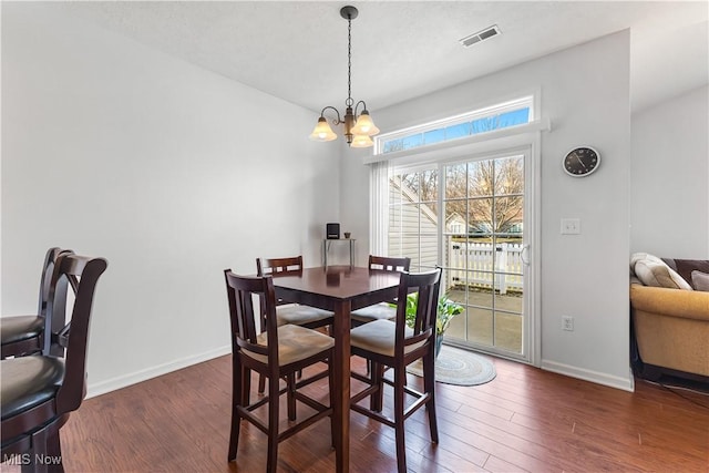 dining space with visible vents, baseboards, an inviting chandelier, and dark wood-style floors