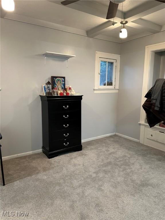 174 Colony Cres, Akron, OH 44305 - carpeted bedroom featuring baseboards, beamed ceiling, coffered ceiling, and ceiling fan