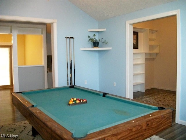 8045 State Route 555, Cutler, OH 45724 - recreation room with pool table, lofted ceiling, wood finished floors, and a textured ceiling