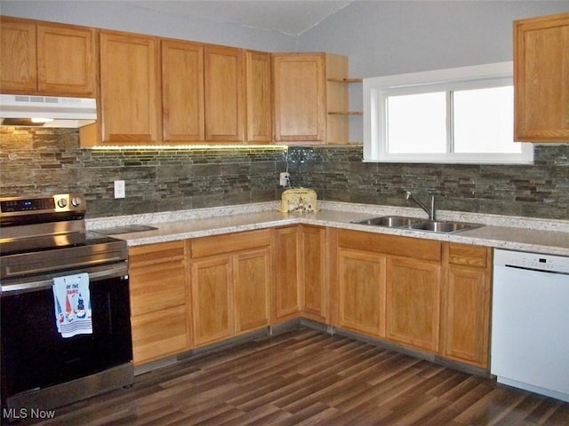 8045 State Route 555, Cutler, OH 45724 - kitchen featuring electric range, white dishwasher, a sink, light countertops, and under cabinet range hood