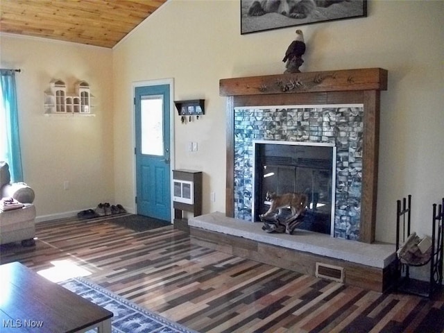 8045 State Route 555, Cutler, OH 45724 - living room with visible vents, wood finished floors, a fireplace, lofted ceiling, and wood ceiling